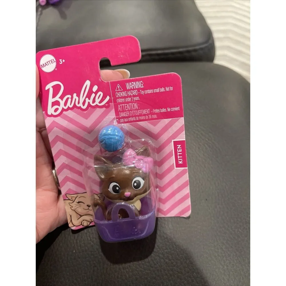 New Barbie‎ Pet Kitten w/ Pink Bow - Purple Pet Basket & Blue Yarn Ball Mattel